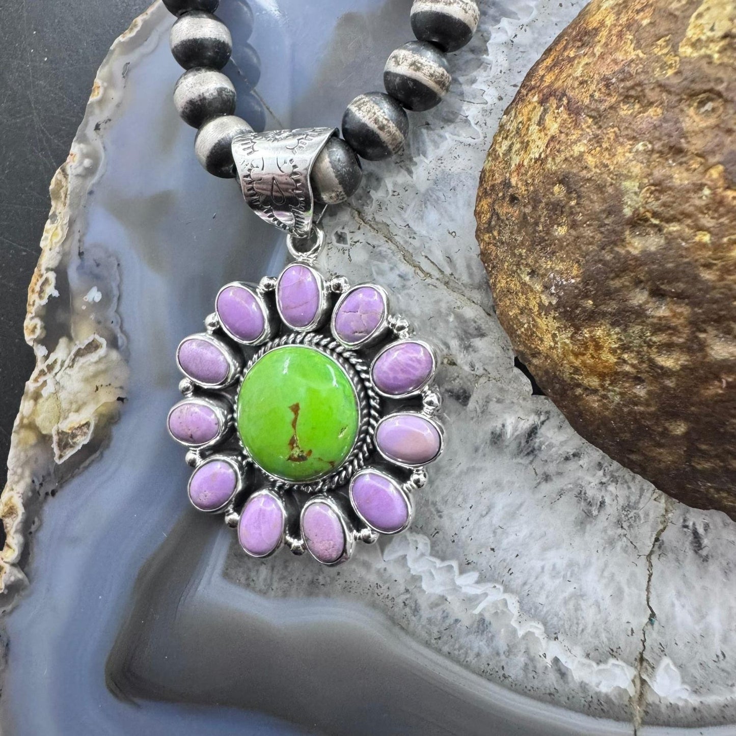 Native American Sterling Silver Green Turquoise w/Phosphosiderite Pendant For Women