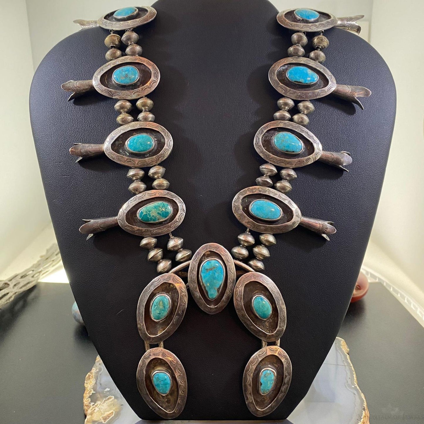 Antique Native American Silver Turquoise Shadow Box Squash Blossom Necklace 28"