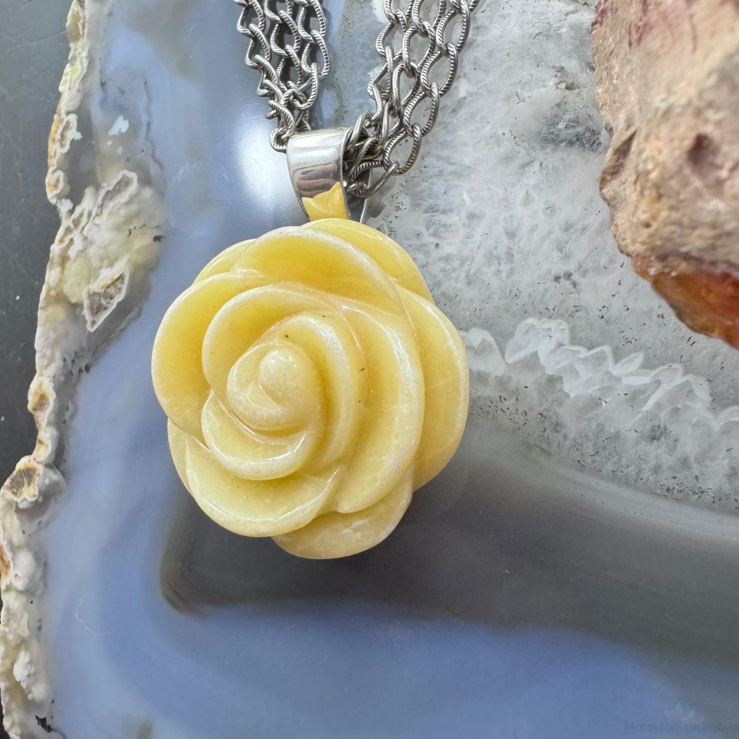 Carolyn Pollack Sterling Silver Carved Yellow Jasper Rose Pendant With Chain Necklace For Women