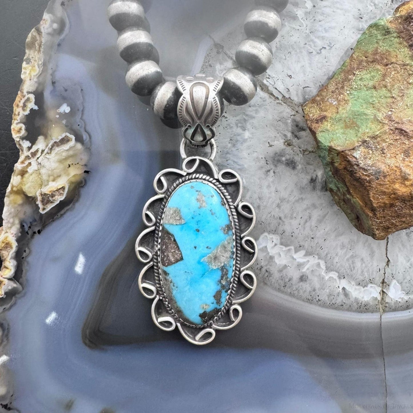 Sterling Silver Southwestern Style Elongated Oval Matrix Turquoise Pendant For Women