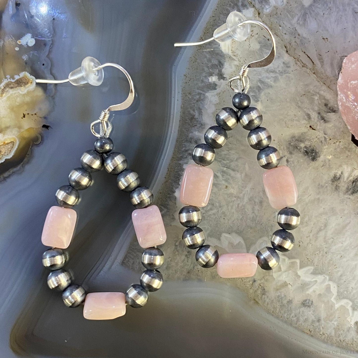 Navajo Pearl Beads & Peruvian Opal 4mm Sterling Silver Hoop Dangle Earrings