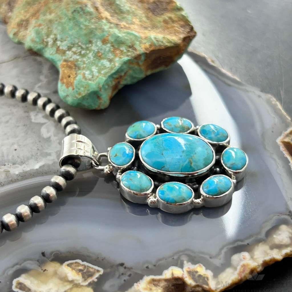 Sterling Silver Southwestern Style Mohave Turquoise Cluster Pendant For Women #1
