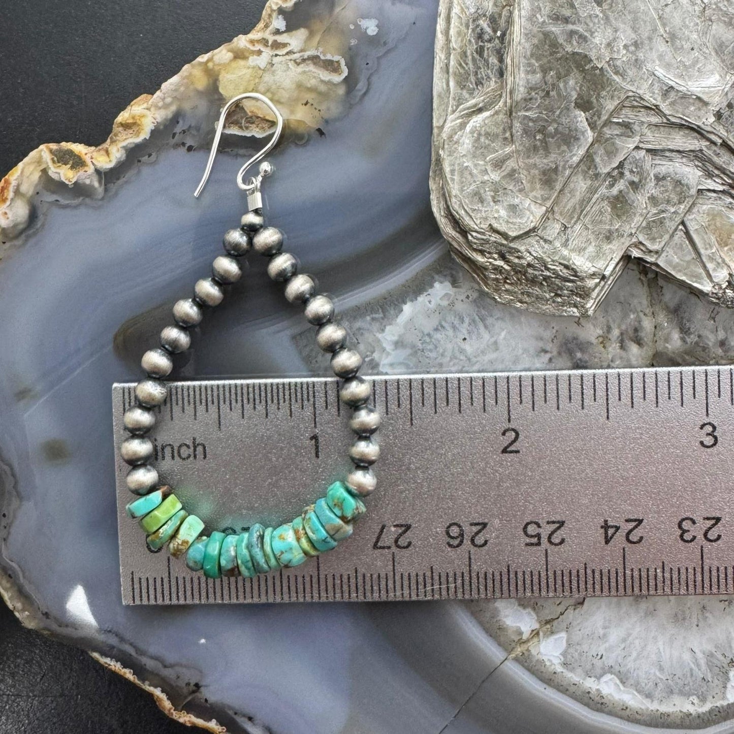 Sterling Silver 4mm Navajo Pearl Southwester Style & 6mm Turquoise Bead Hoop Earrings For Women