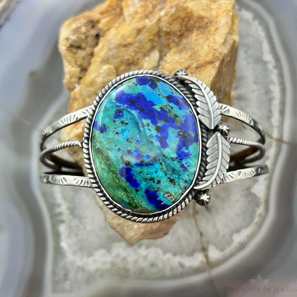 Sterling Silver Southwestern Style Large Oval Azurite Decorated Bracelet For Women