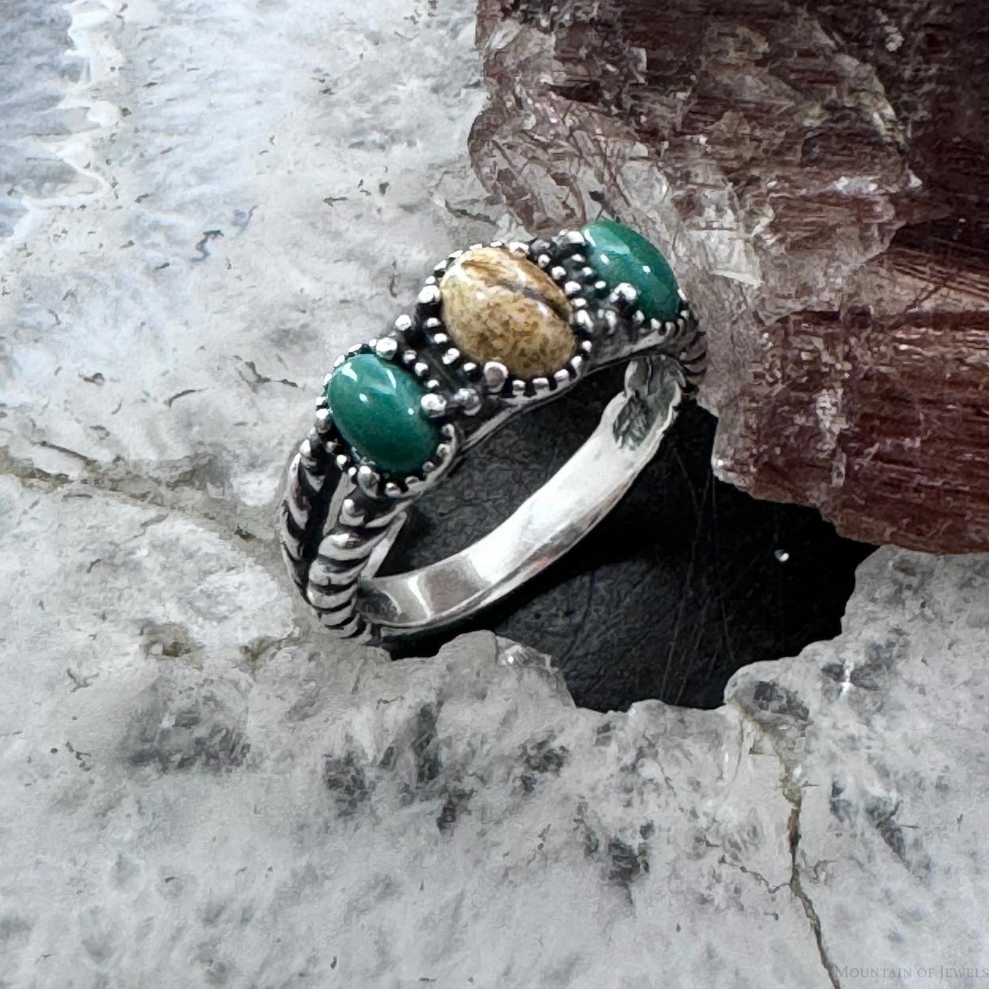 Carolyn Pollack Sterling Silver Oval Picture Jasper & 2 Green Turquoise Ring For Women