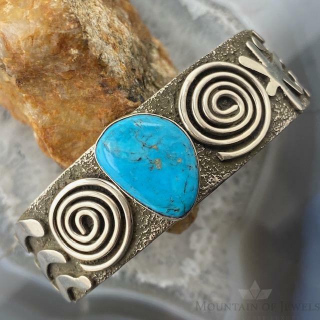 Alex Sanchez Native American Sterling Silver Turquoise and Petroglyph Bracelet For Women