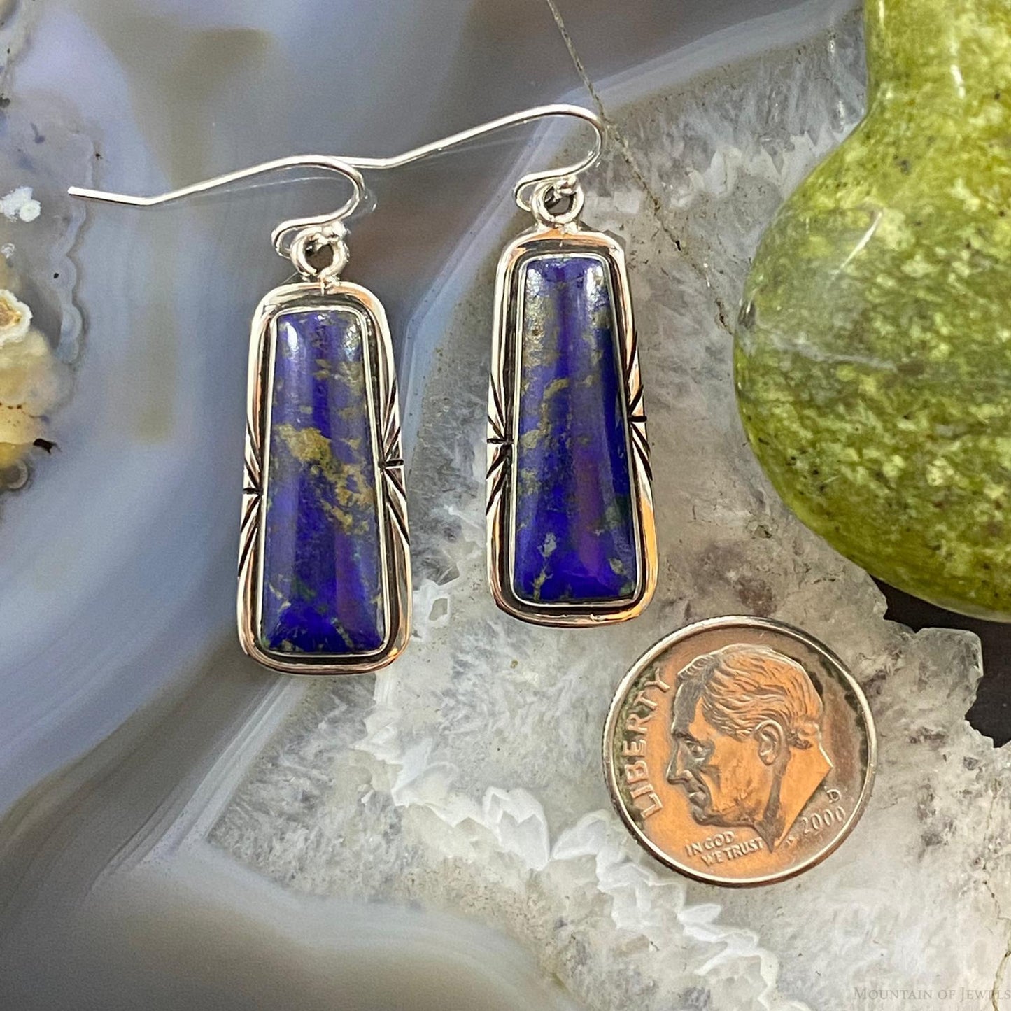 Native American Sterling Trapezoid Azurite Malachite Dangle Earrings For Women