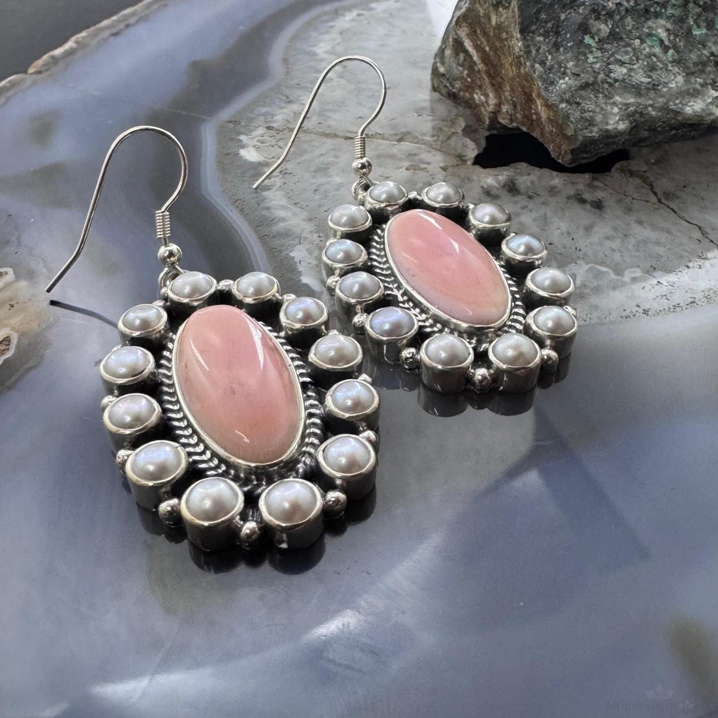 Native American Sterling Silver Oval Pink Conch w/Gray Pearls Dangle Earrings For Women
