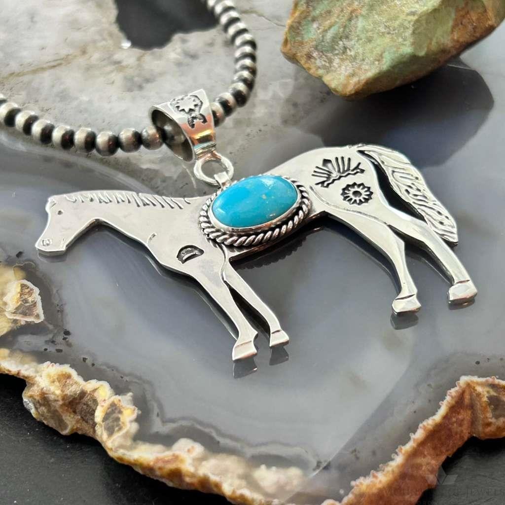 Sterling Silver Turquoise Stamped w/Indigenous Symbols Horse Unisex Pendant