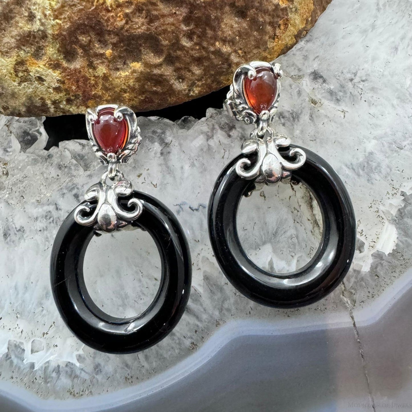 Carolyn Pollack Sterling Silver Onyx Hoop & Carnelian Dangle Earrings For Women