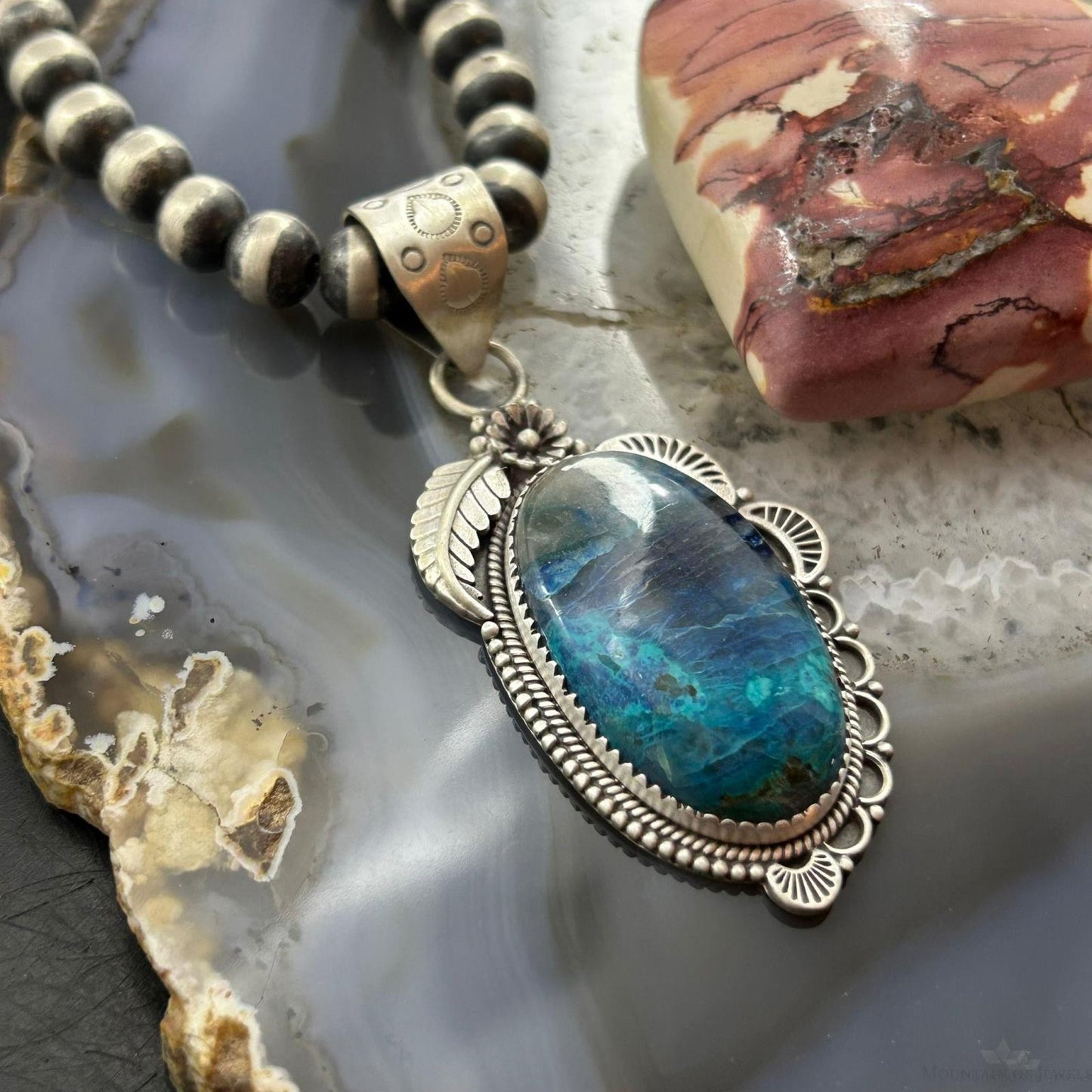 Sterling Silver Southwestern Style Elongated Shattuckite Decorated Pendant For Women