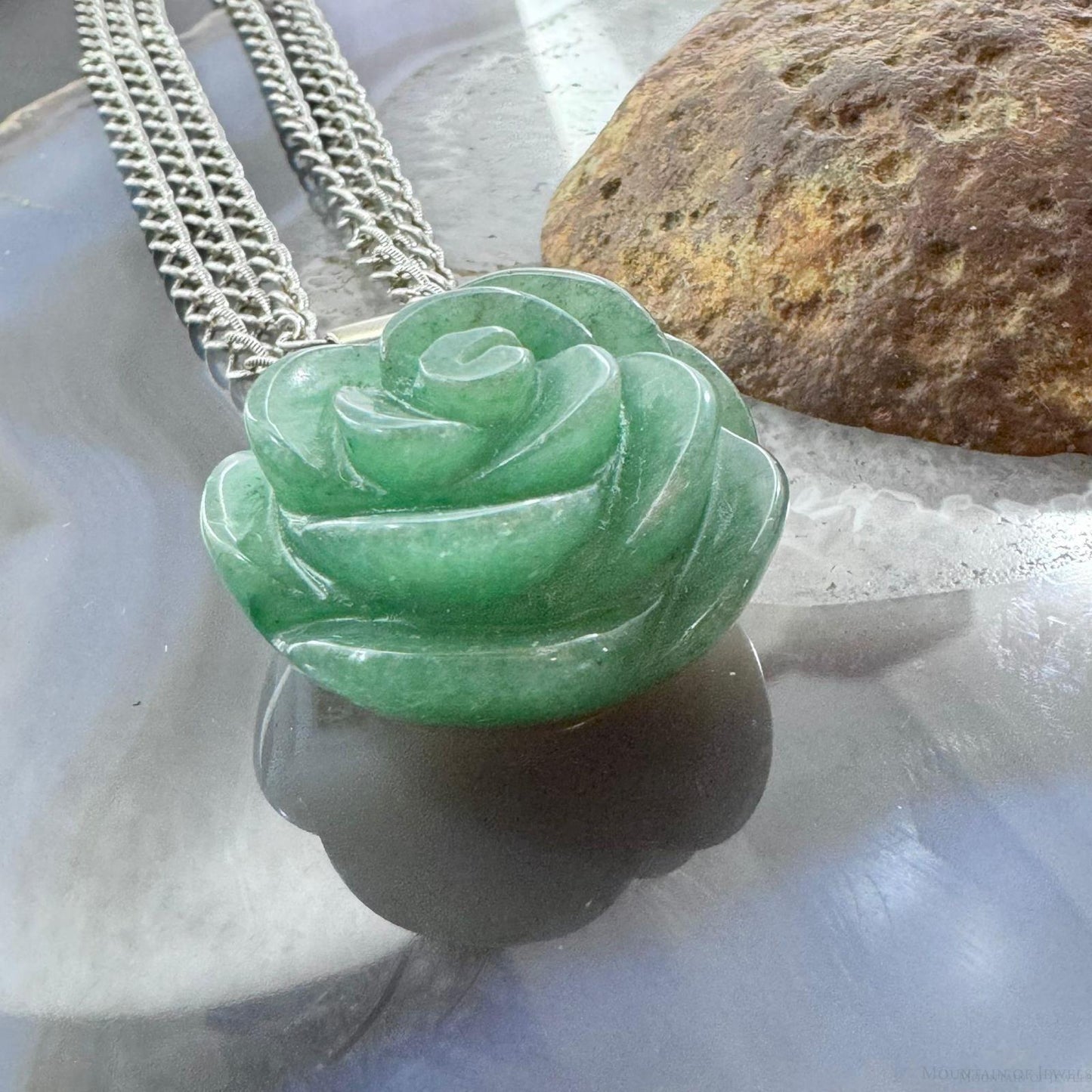 Carolyn Pollack Sterling Carved Green Aventurine Rose Pendant W/Chain Necklace For Women