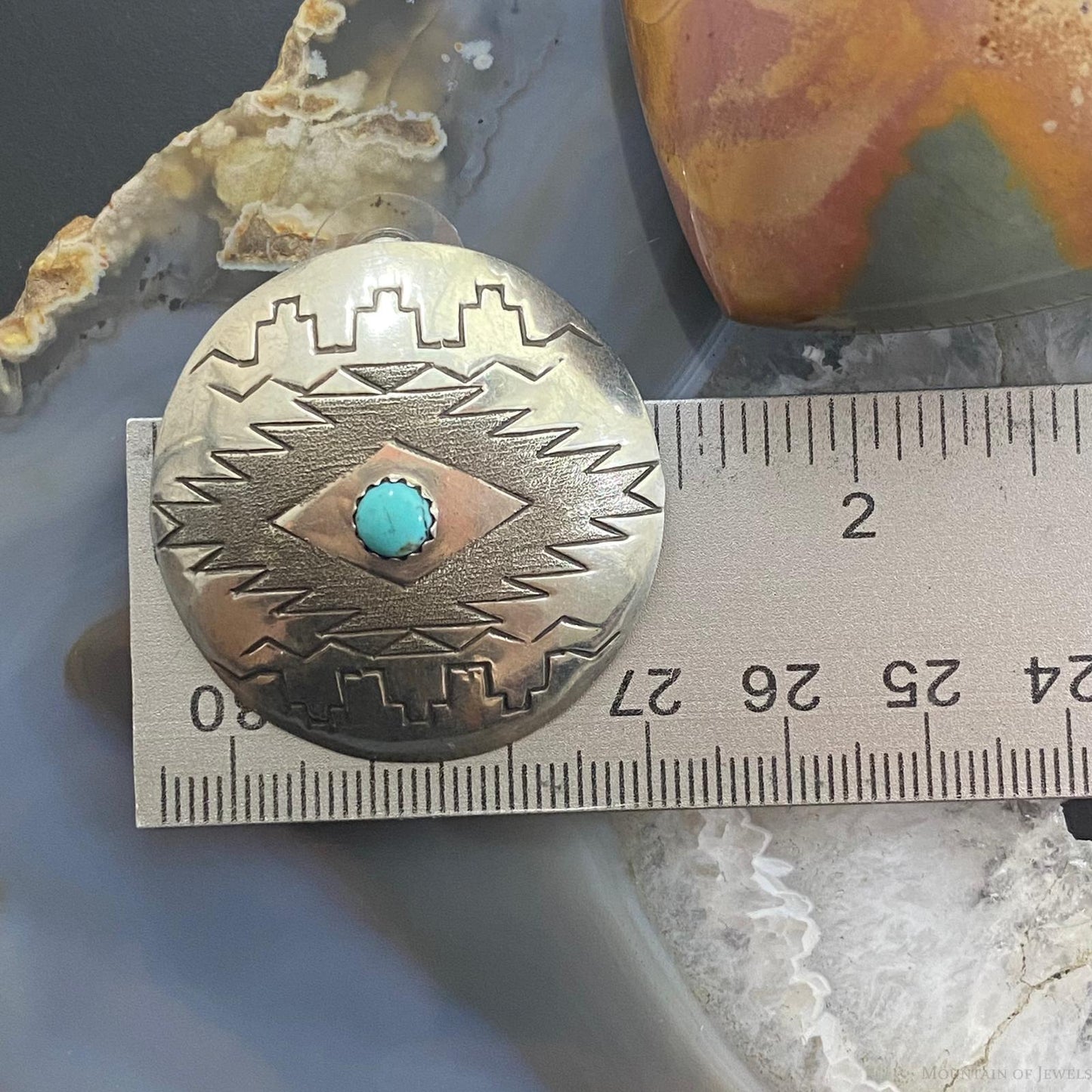 Vintage Native American Sterling Stamped Round Turquoise Stud Earrings For Women