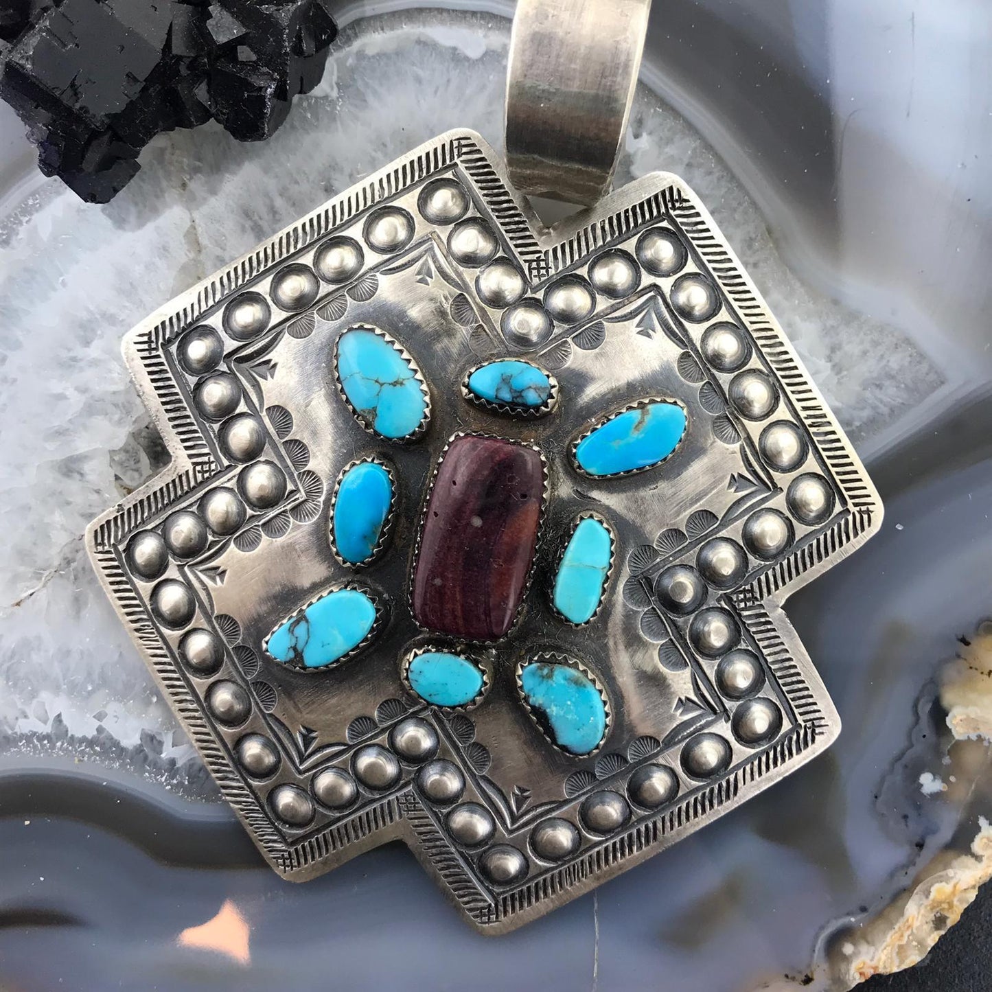 Shawn Cayatineto Native American Sterling Turquoise and Spiny Oyster Uni Pendant