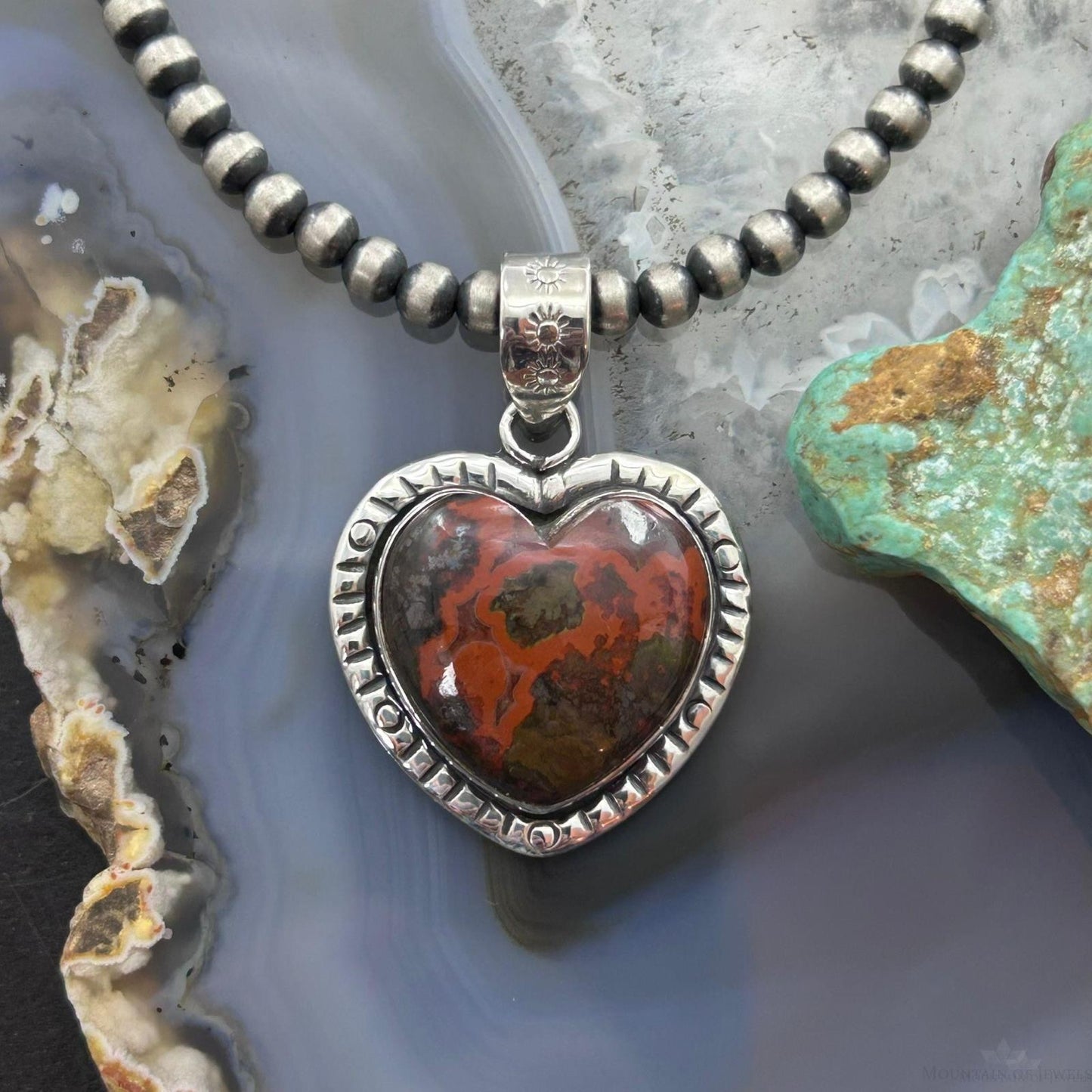 Sterling Silver Southwestern Style Seam Agate Decorated Heart Pendant For Women