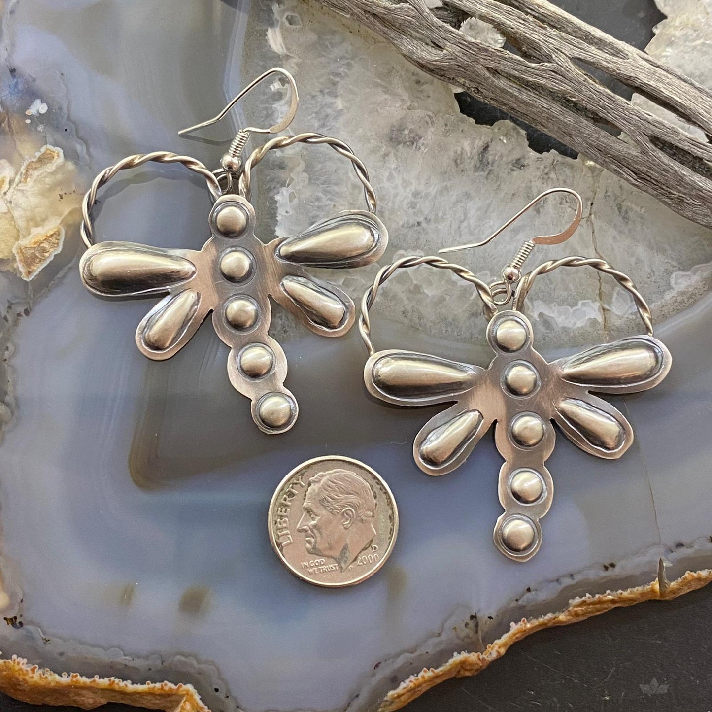 Sterling Silver Repousse Dragonfly Dangle Earrings For Women