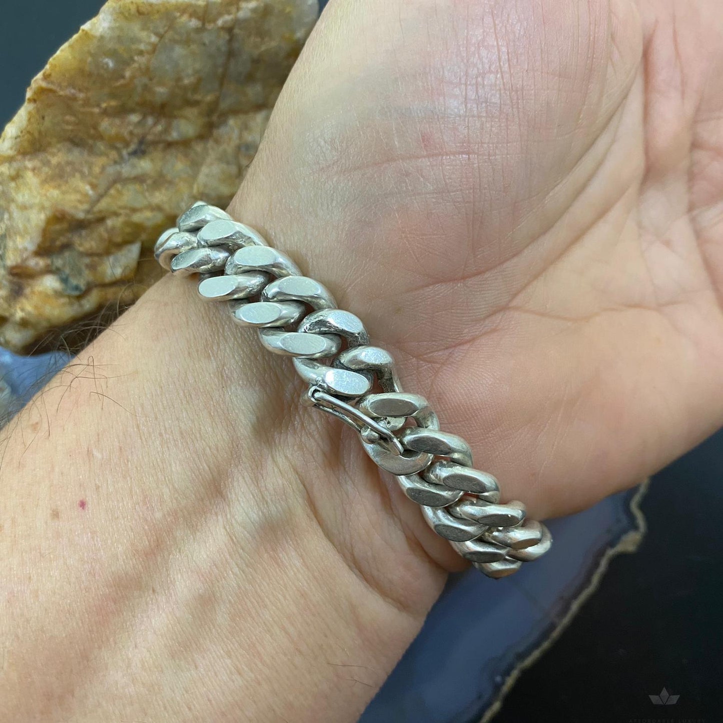 Signed Vintage Native American Silver Multi Stone Inlay Tennis Bracelet For Men