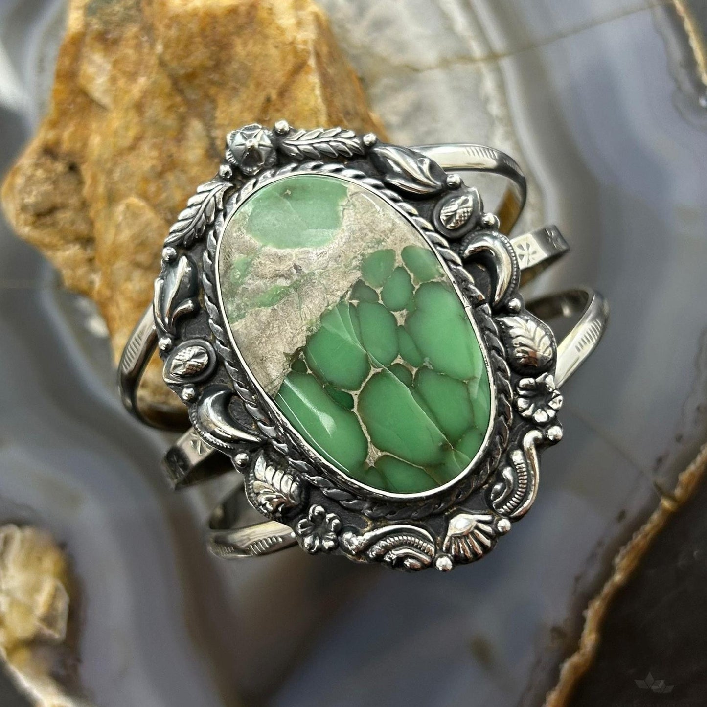 Sterling Silver Southwestern Style Large Oval Variscite Decorated Bracelet For Women #1