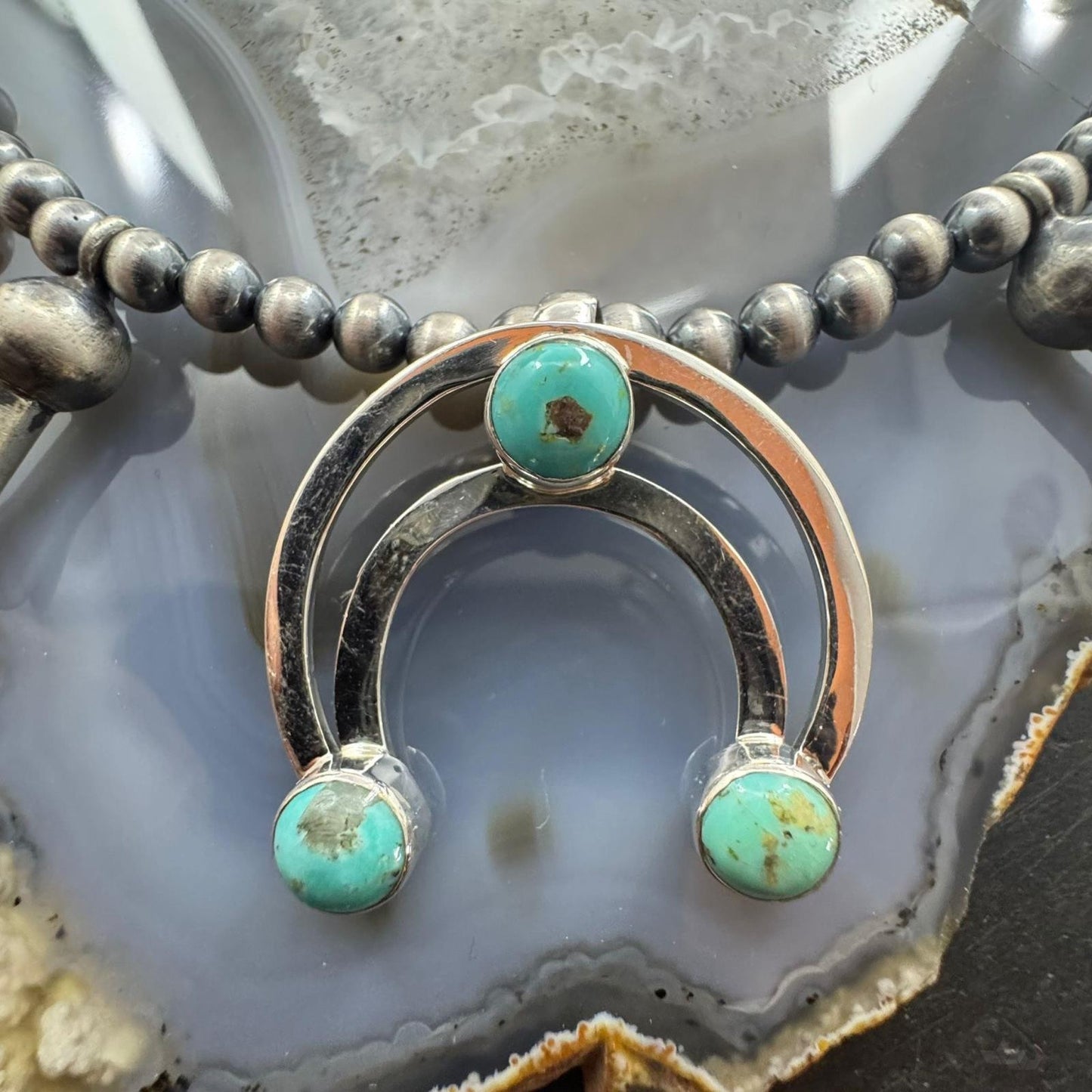 Sterling Silver Southwestern Style Turquoise Squash Blossom Necklace For Women