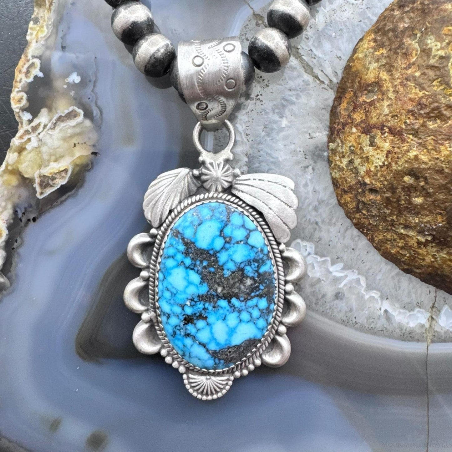 Sterling Silver Southwestern Style Large Oval Kingman Turquoise Pendant For Women