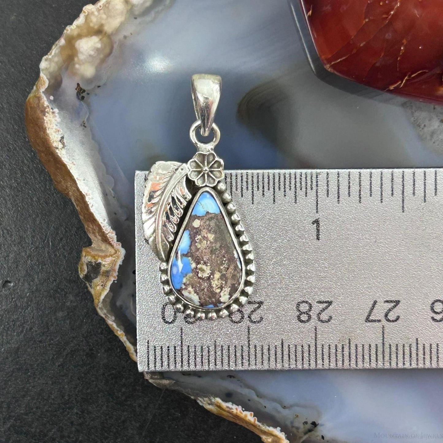 Sterling Silver Southwestern Style Teardrop Golden Hill Turquoise Leaves Pendant For Women