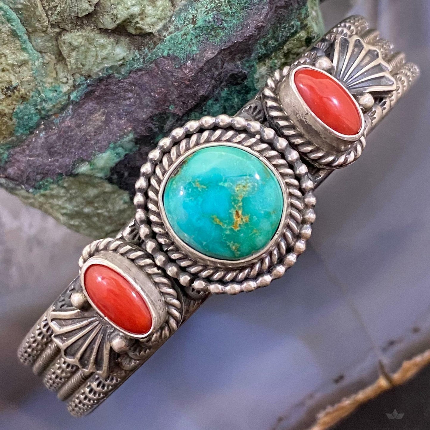 M&R Calladitto Sterling Silver Sonora Gold Turquoise & Coral Cuff Bracelet