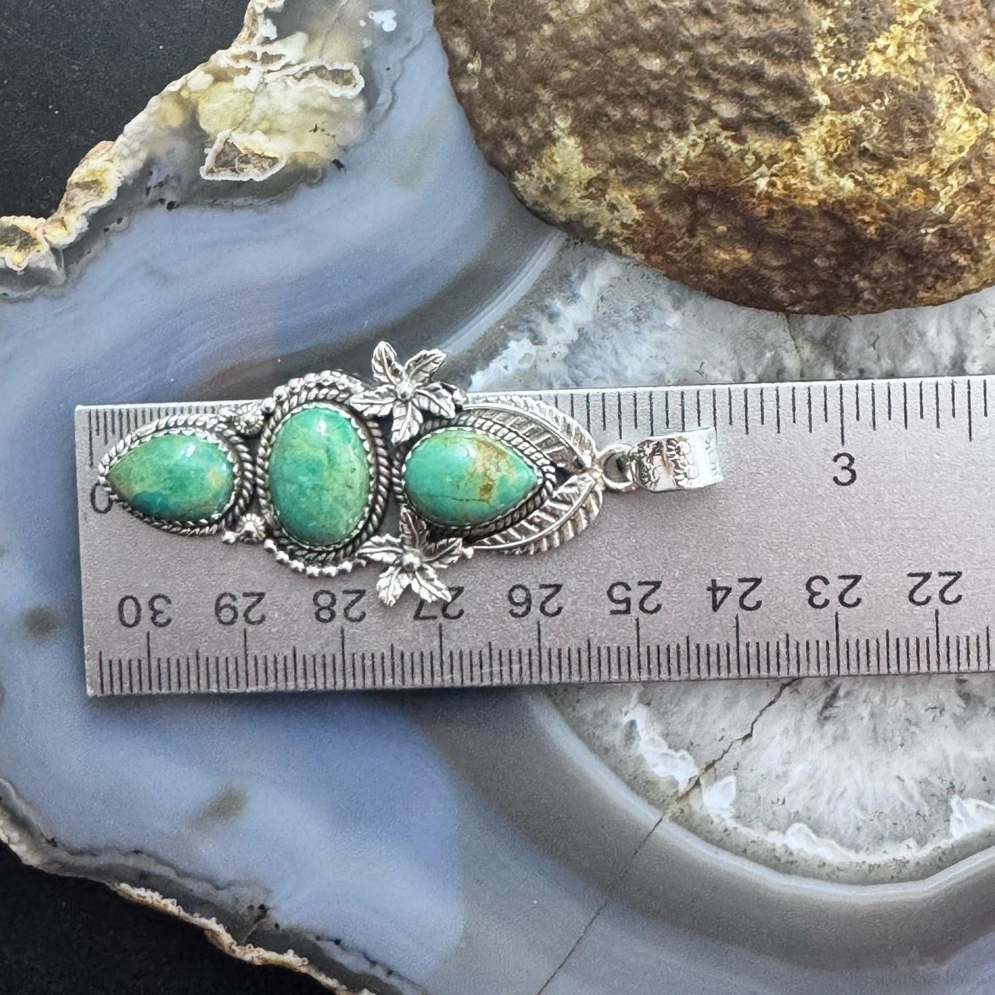 Sterling Silver Southwestern Style Triple Turquoise Decorated Pendant For Women