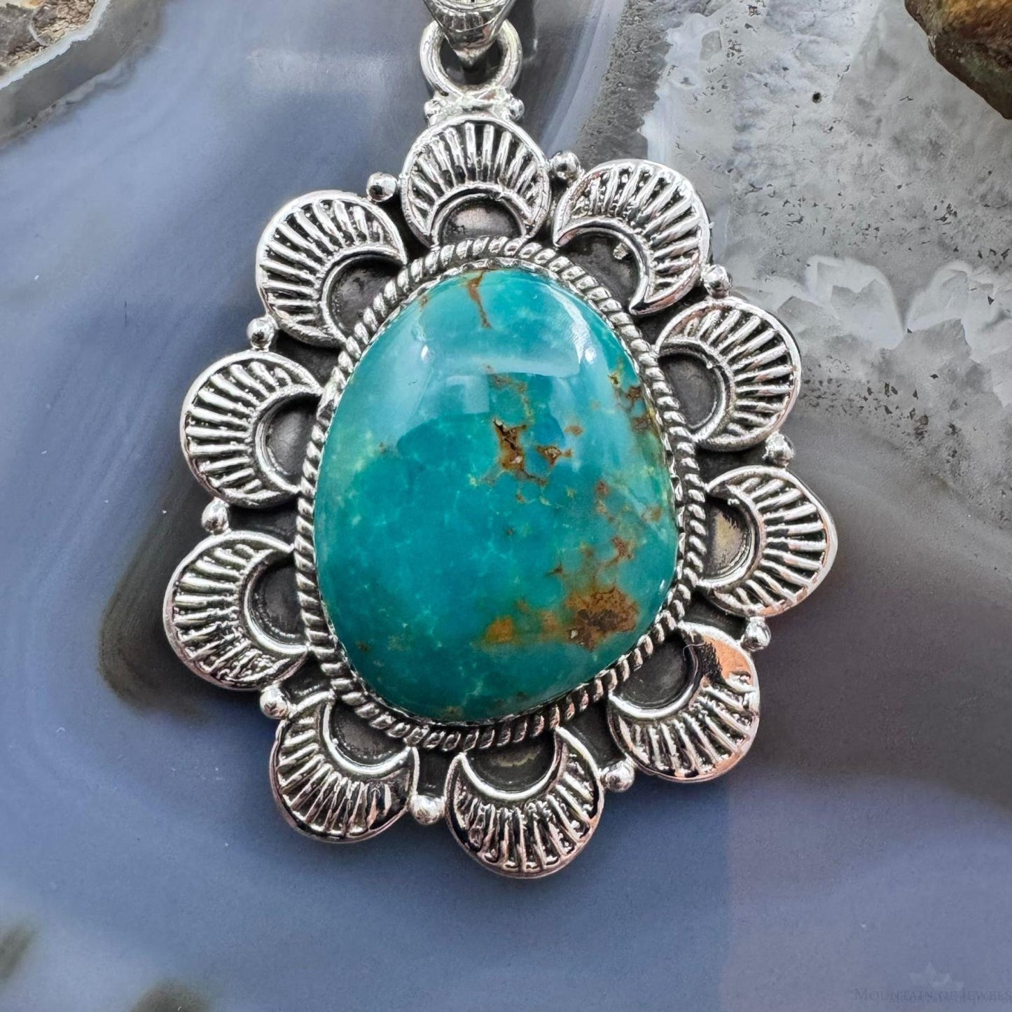 Sterling Silver Southwestern Style Large Turquoise Decorated Pendant For Women