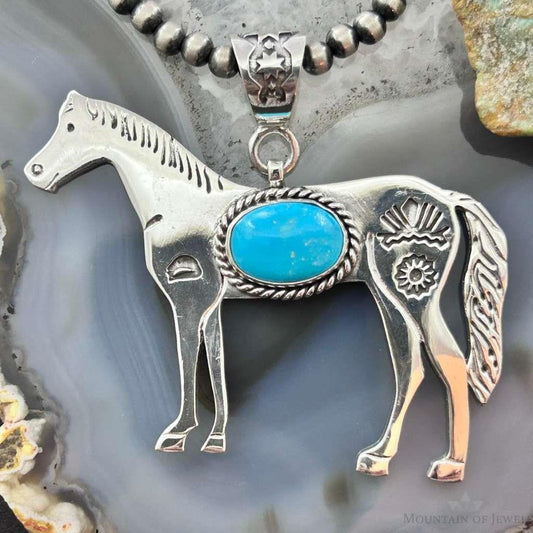 Sterling Silver Turquoise Stamped w/Indigenous Symbols Horse Unisex Pendant