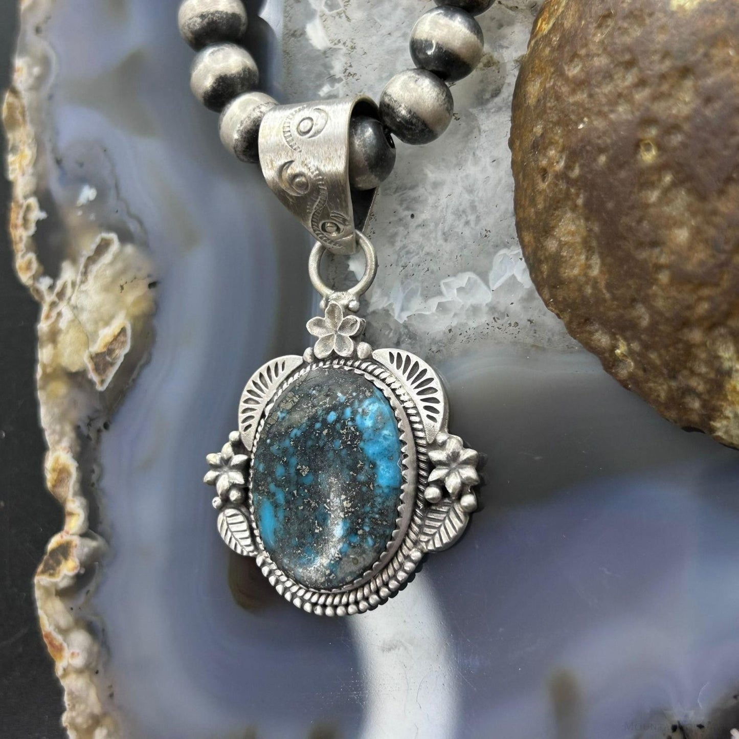 Sterling Silver Southwestern Style Oval Turquoise Decorated Pendant For Women