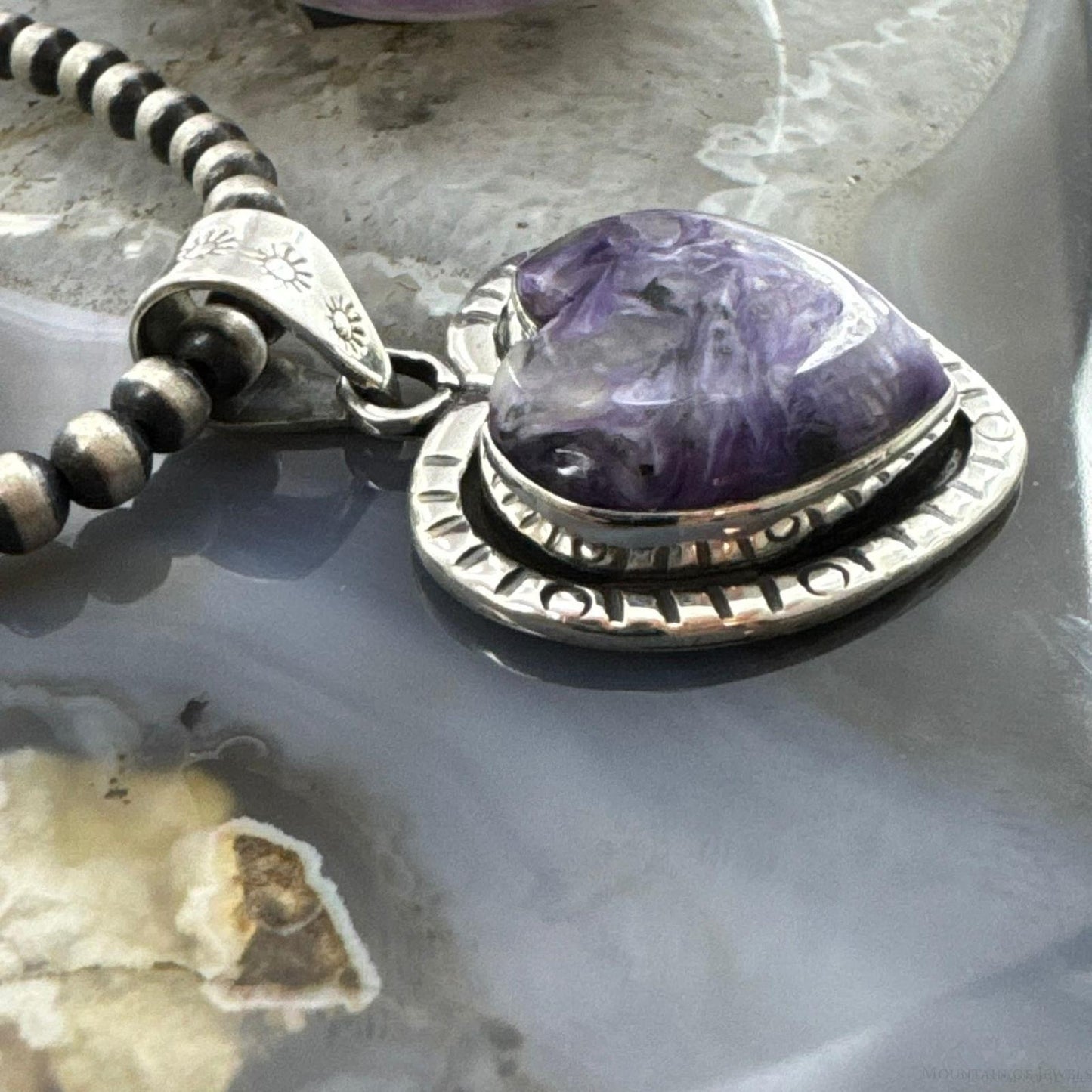 Sterling Silver Southwestern Style Charoite Heart Shape Pendant For Women