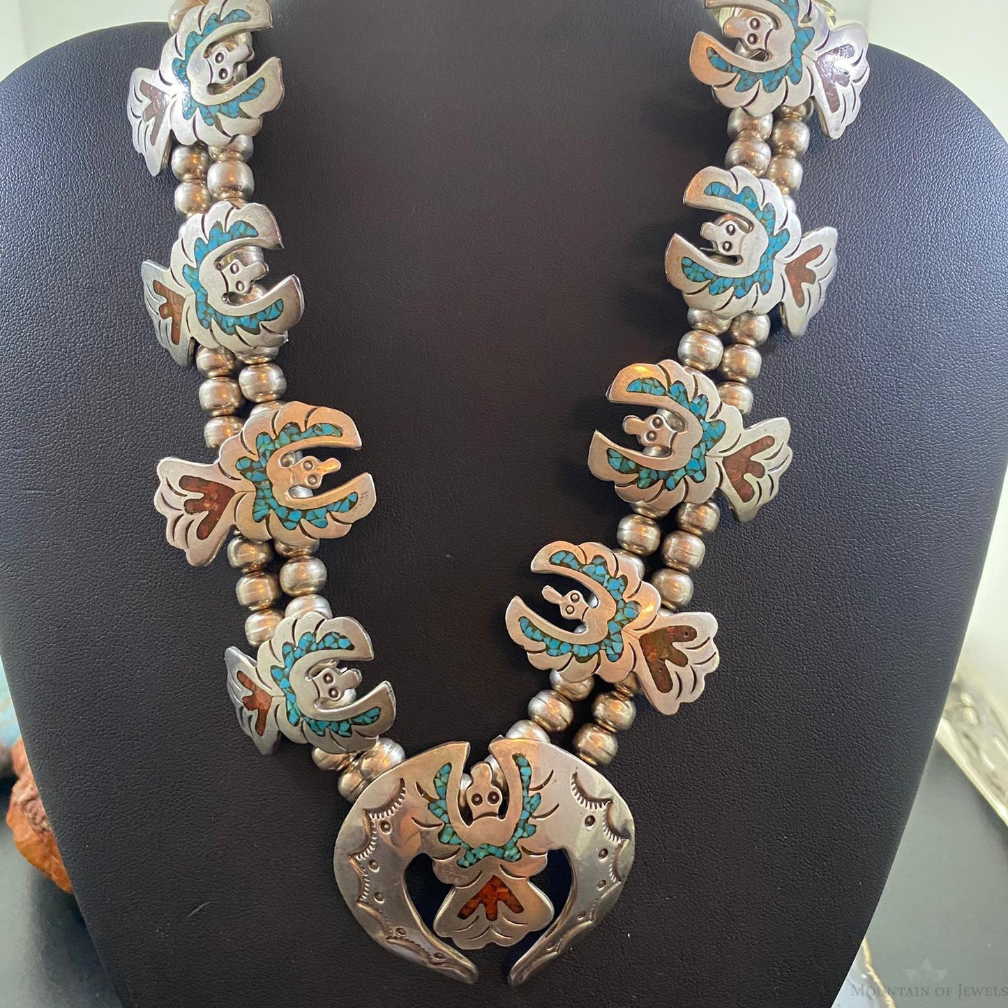 Vintage Native American Silver Chip Inlay Thunderbird Squash Blossom Necklace