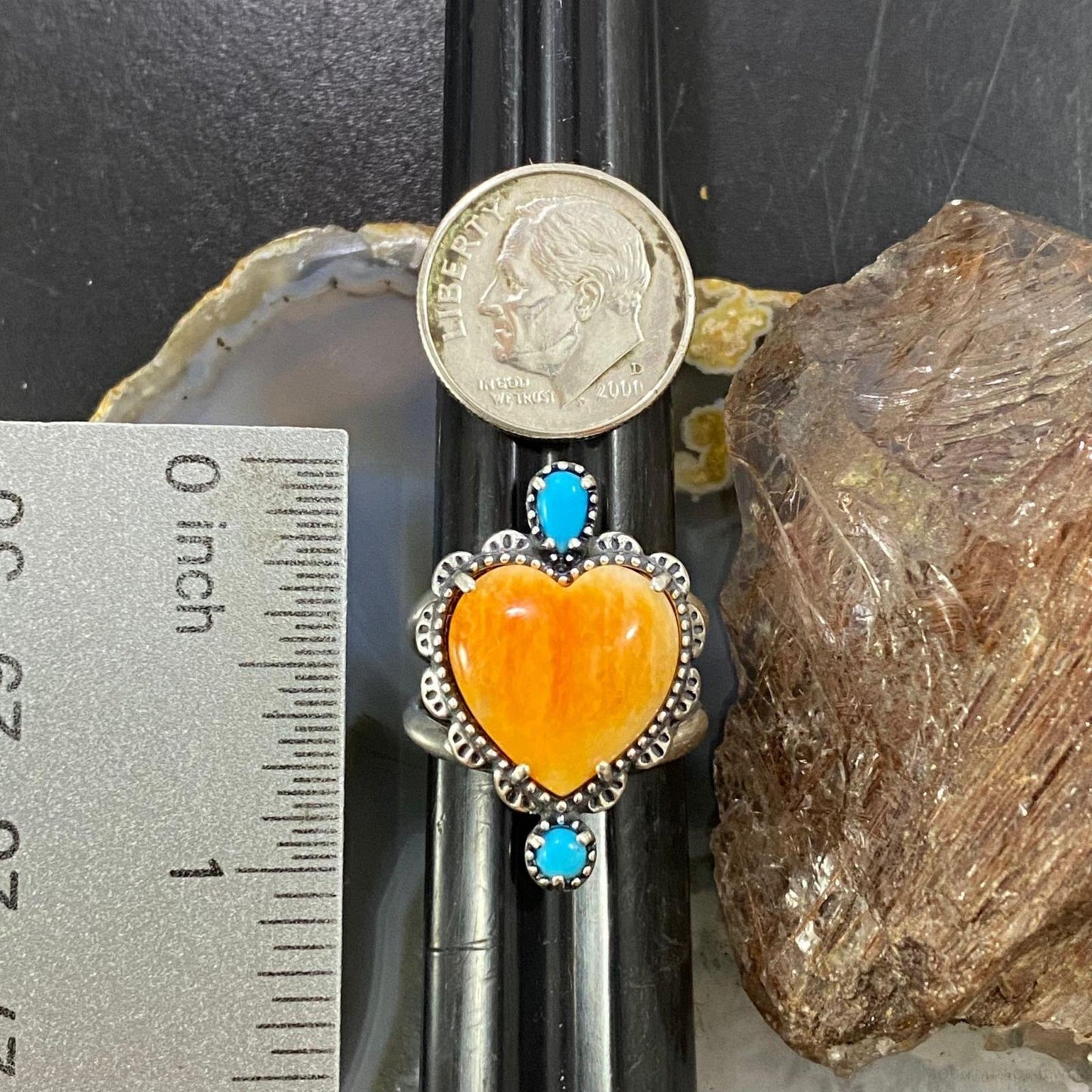 Carolyn Pollack Sterling Silver Orange Spiny Oyster Heart & Turquoise Decorated Ring For Women, Variety of Sizes