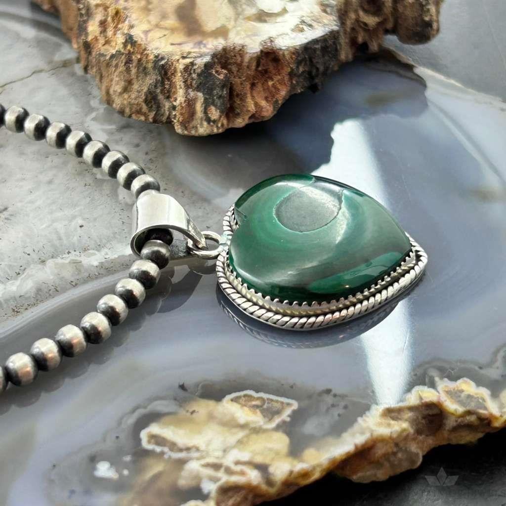 Sterling Silver Southwestern Style Malachite Heart Decorated Pendant For Women