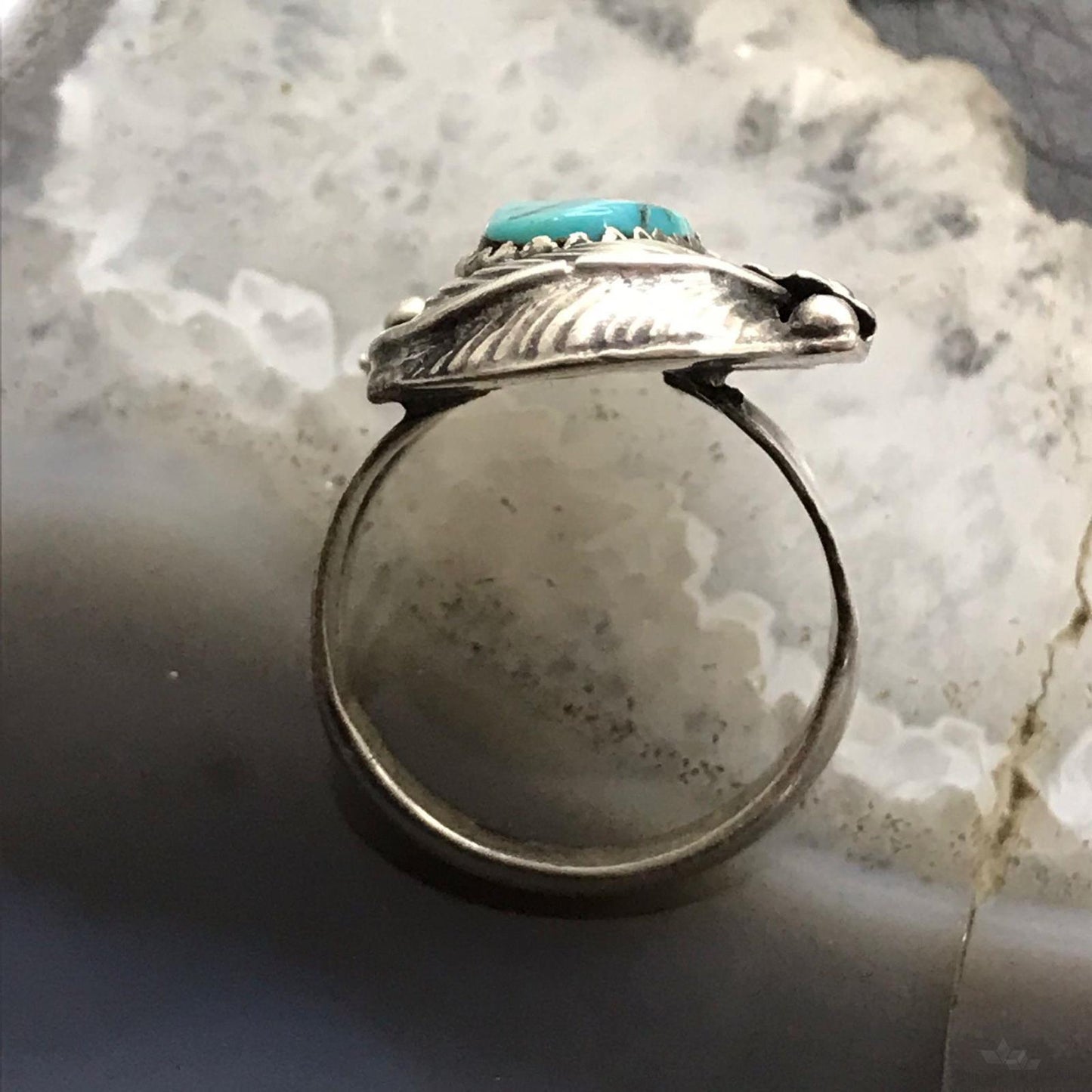 Vintage Signed Native American Silver Turquoise Floral Ring Size 7.5 For Women