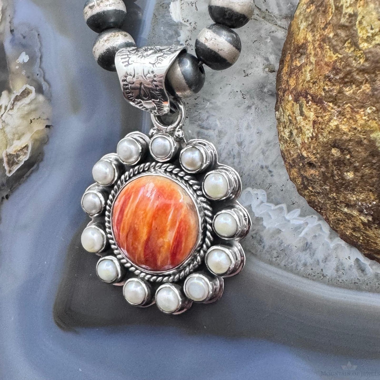 Native American Sterling Silver Spiny Oyster w/Pearls Cluster Pendant For Women