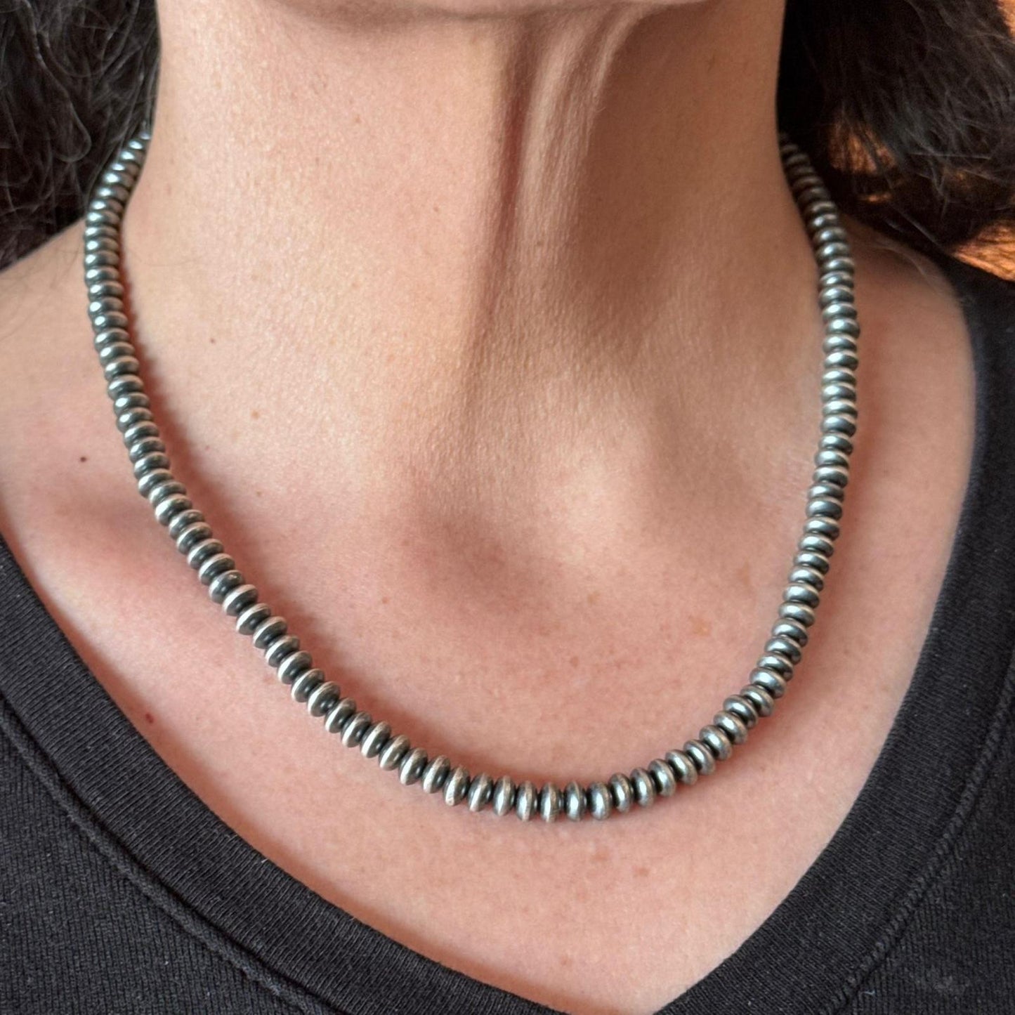 Sterling Silver Southwestern Style 6 mm Navajo Pearl Saucer Beads 18"- 20" Necklace For Women