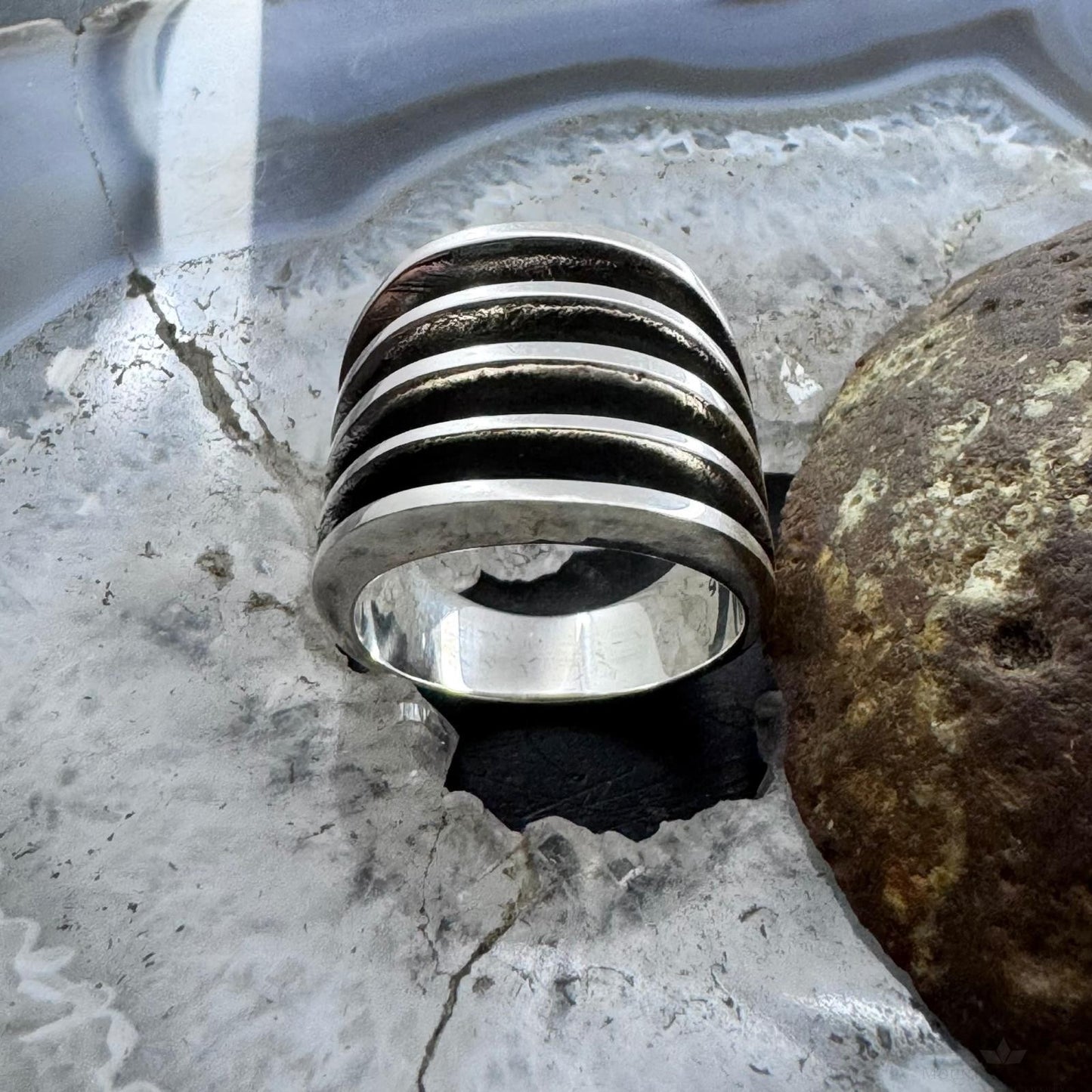 Sterling Silver Five Row Carved Solid Fashion Unisex Ring, Taxco Mexico