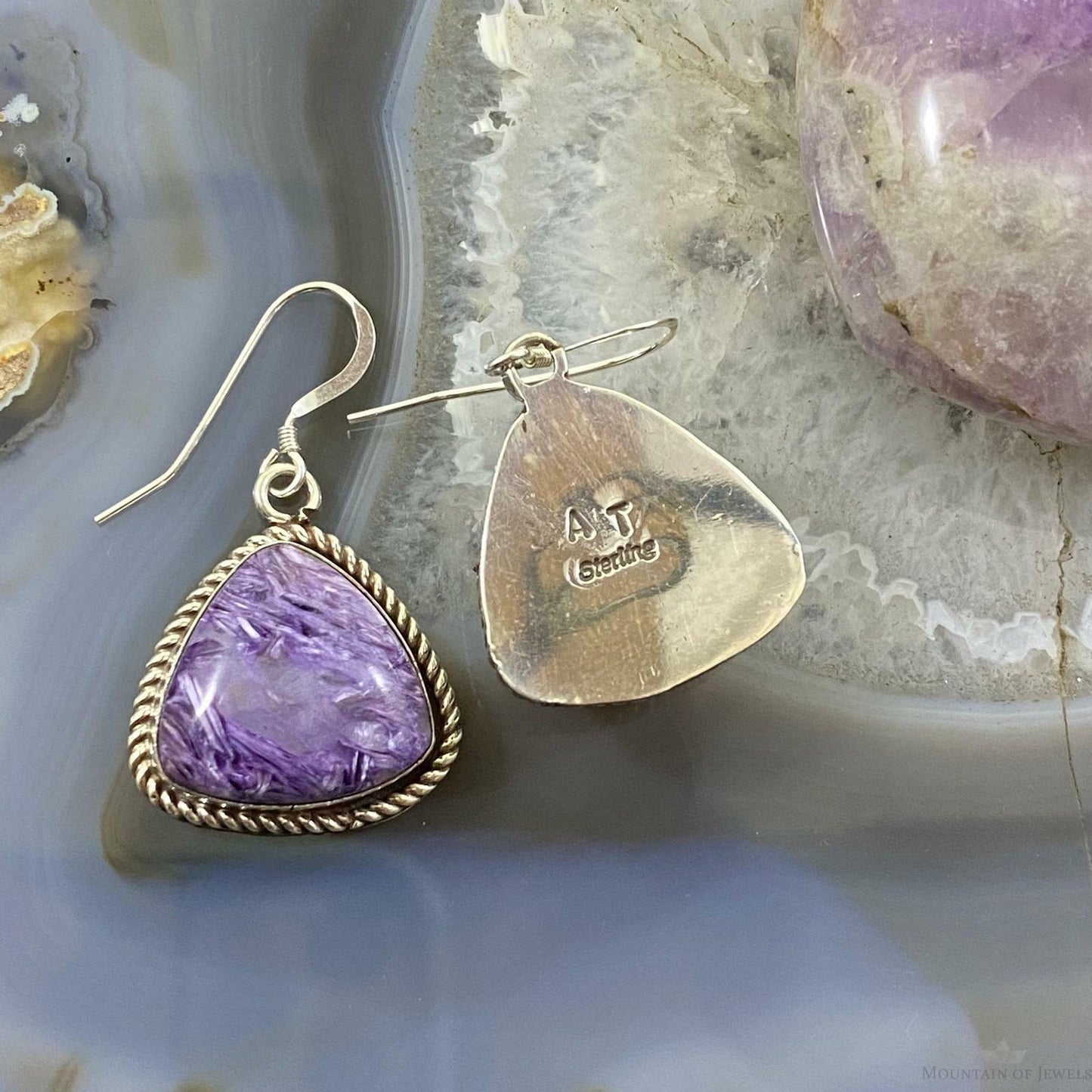 Native American Sterling Silver Triangle Charoite Dangle Earrings For Women