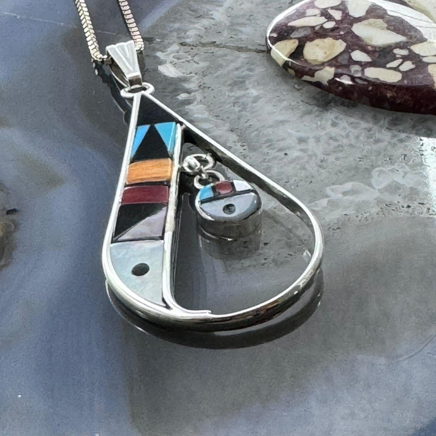 Sheryl Edaakie Zuni Sterling Silver Multistone Inlay Teardrop Pendant For Women #3