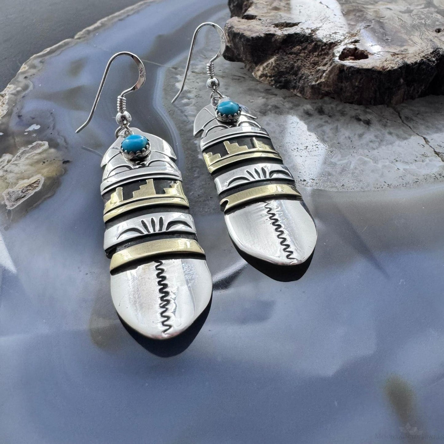 Tommy & Rosita Singer Sterling Silver & Gold Filled Dot Turquoise Feather Dangle Earrings For Women