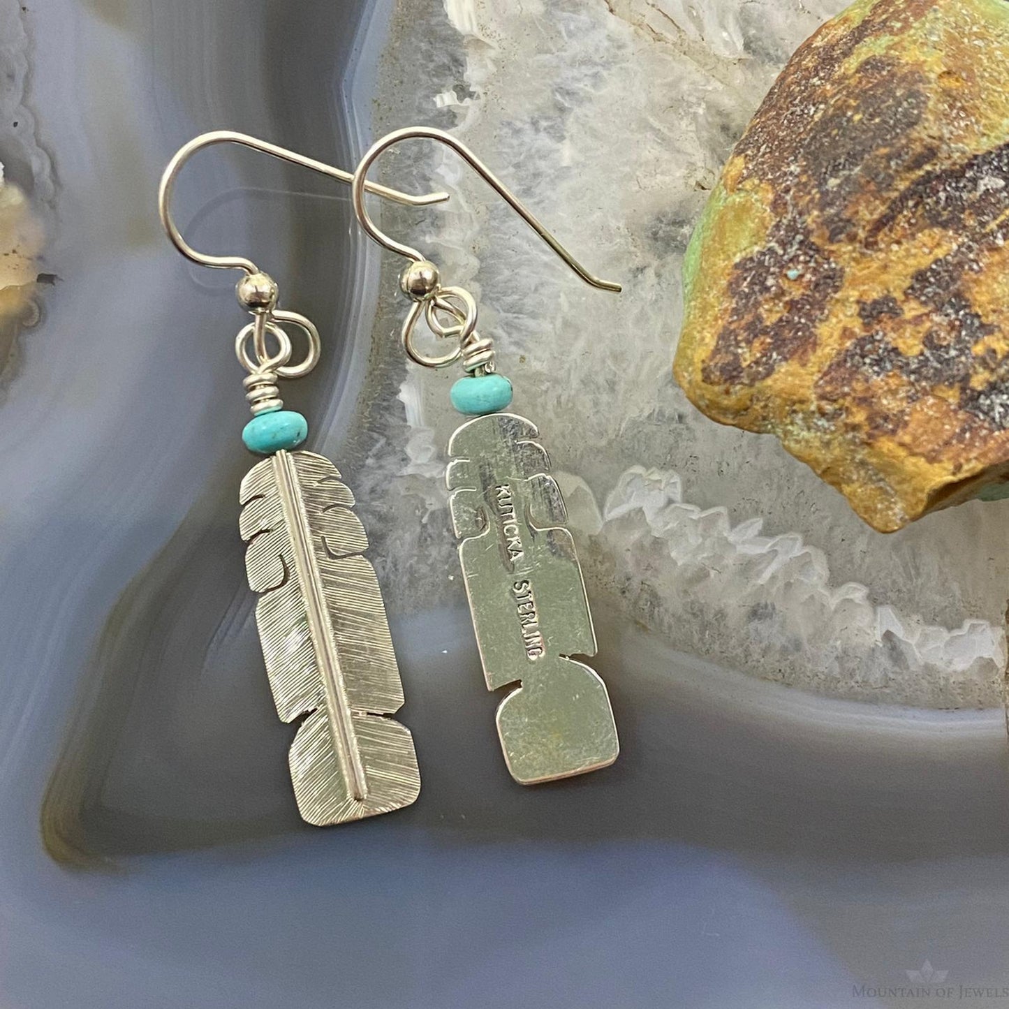 David Kuticka Native American Sterling Silver Feather w/Turq Dangle Earrings #2