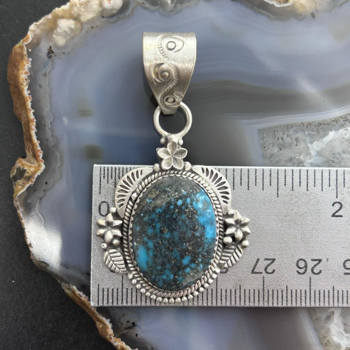 Sterling Silver Southwestern Style Oval Turquoise Decorated Pendant For Women