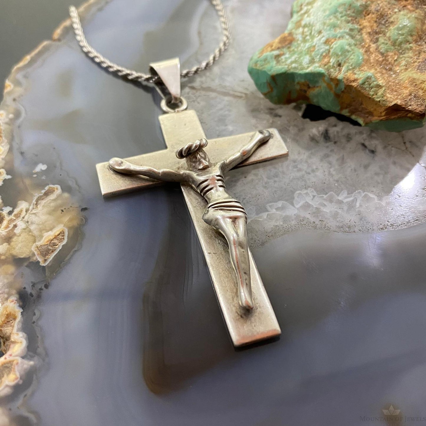 Vintage Sterling Silver Crucifix Pendant with Sterling Rope Necklace 20"