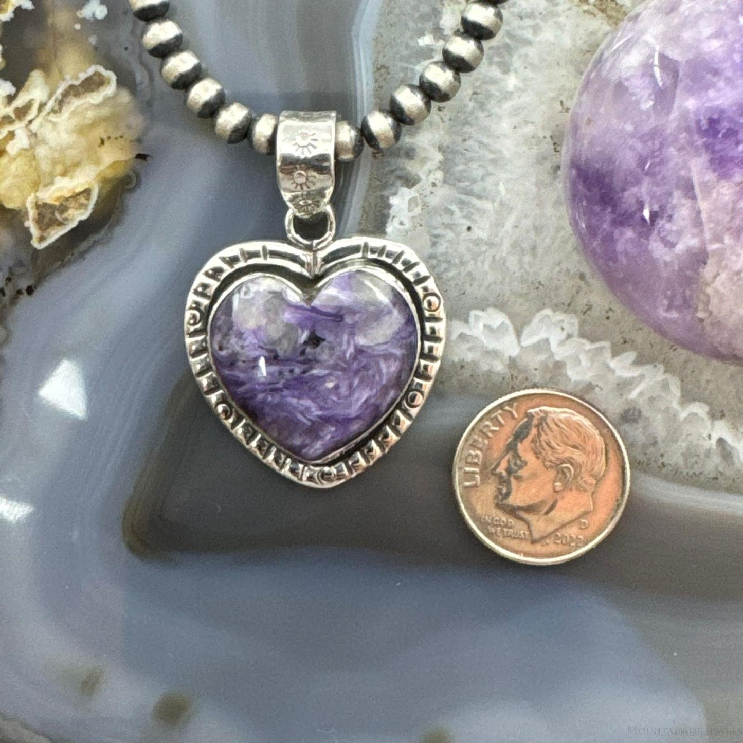 Sterling Silver Southwestern Style Charoite Heart Shape Pendant For Women