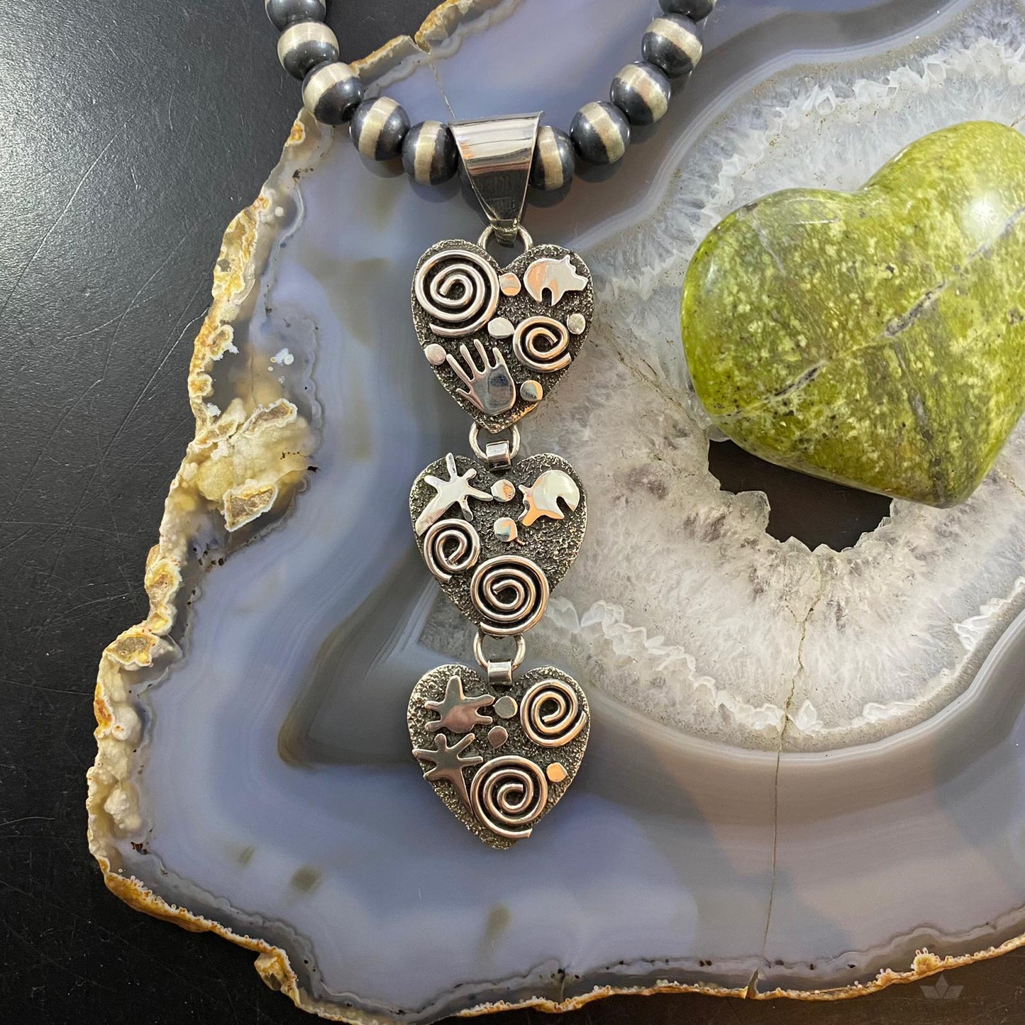 Alex Sanchez Native American Sterling Silver Petroglyph Triple Heart Pendant For Women