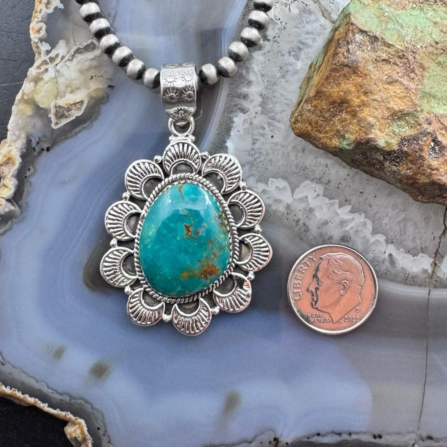 Sterling Silver Southwestern Style Large Turquoise Decorated Pendant For Women