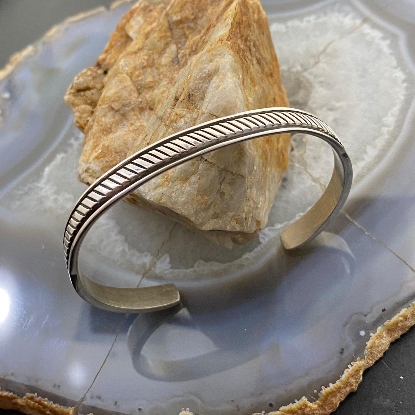 Bruce Morgan Native American Sterling Silver Diagonal Stripe Slim Cuff For Women