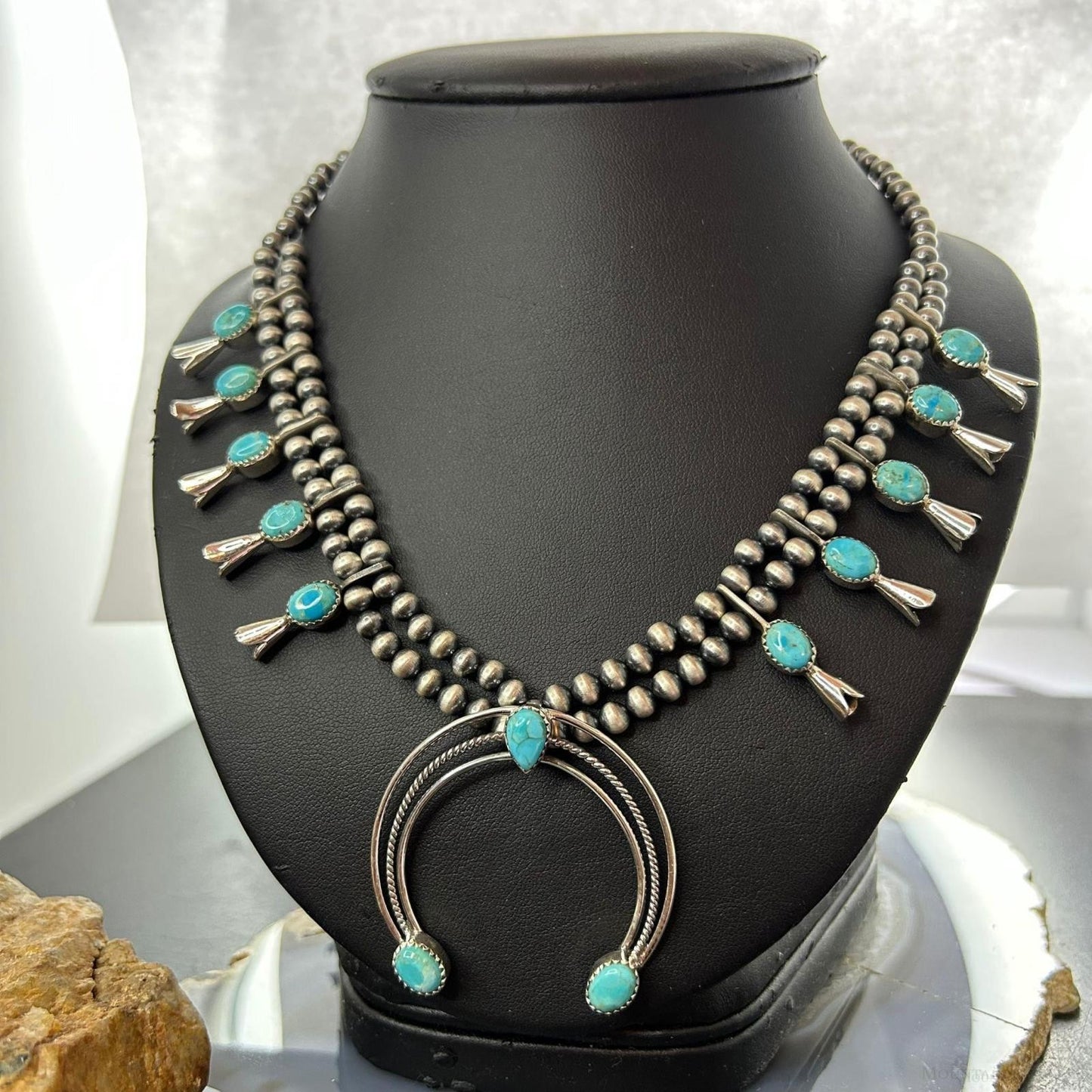 Sterling Silver Southwestern Style Turquoise Squash Blossom Necklace For Women