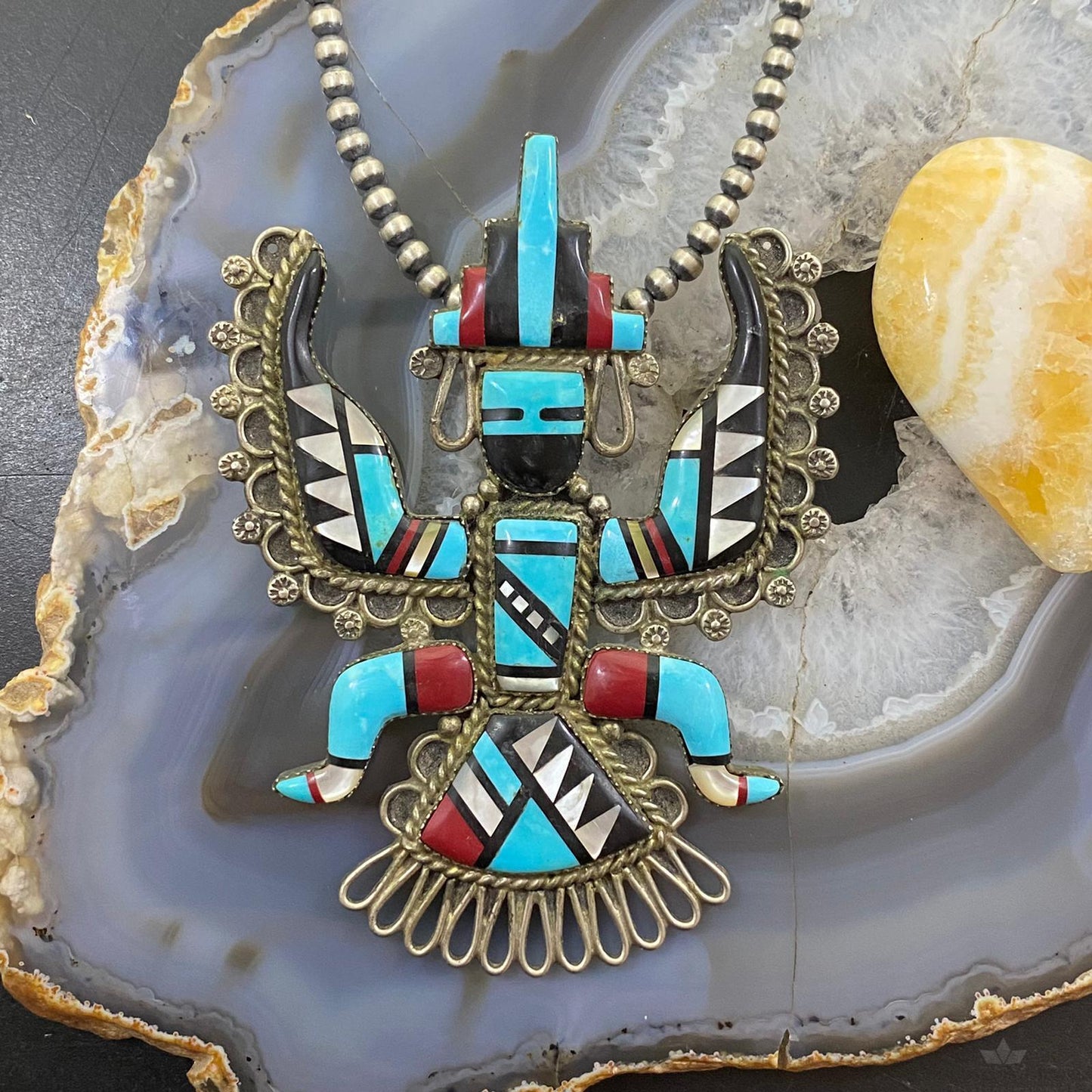 Antique Rainman Kachina Silver Native American Multi Stone Inlay Pendant